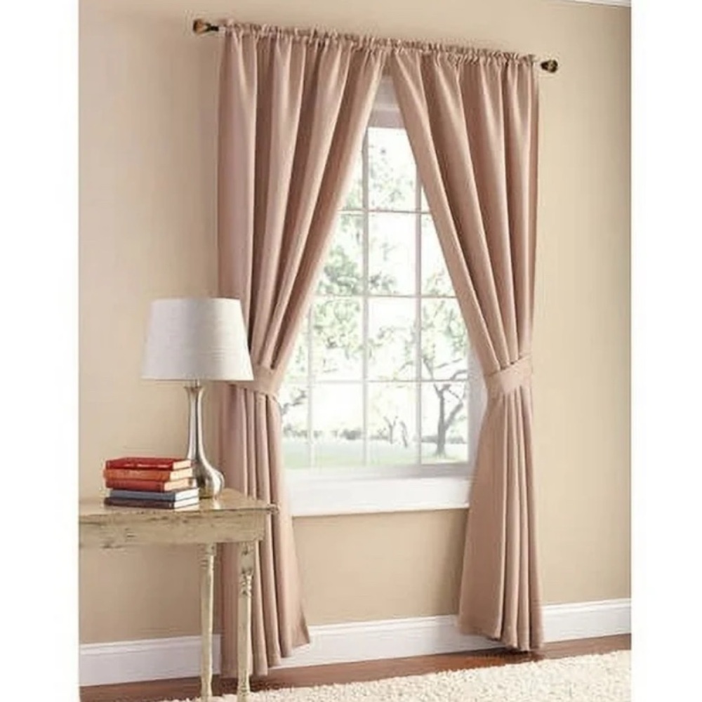 NEW!  Mainstays Taupe Curtain Panels with Tiebacks